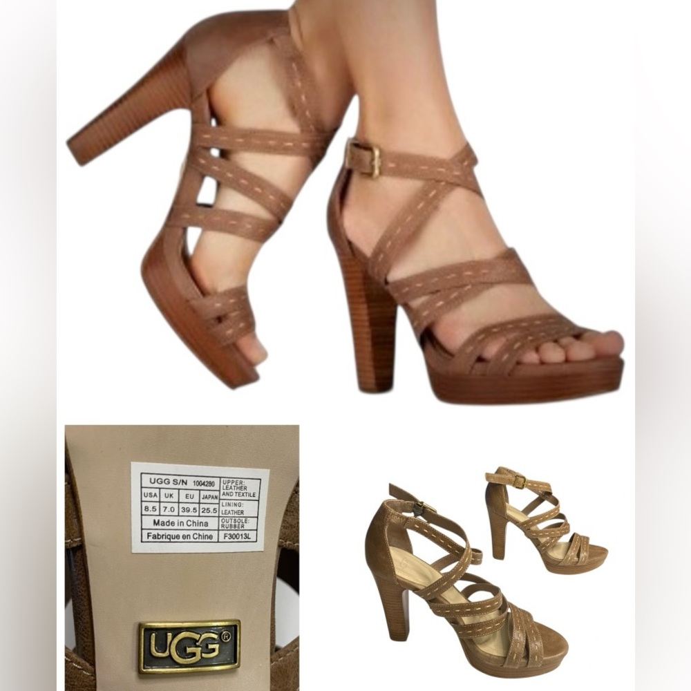 UGG AUSTRALIA WOMEN FOXE BROWN LEATHER STRAP heel and platform SANDALS SIZE 8.5